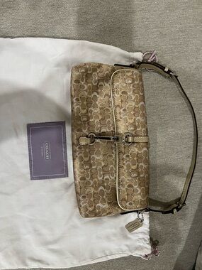 Coach Tan Signature Canvas Shoulder Bag with Gold Hardware